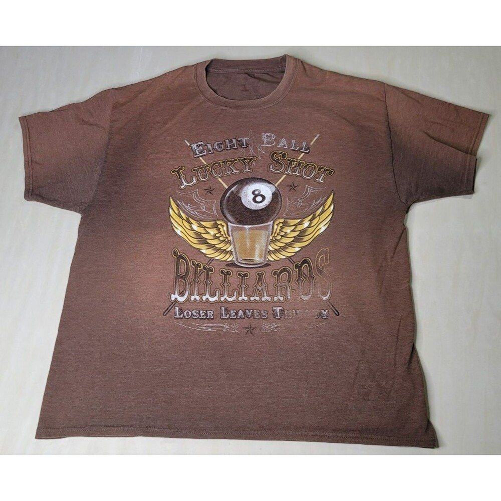 Lucky Eight Ball Bar T-Shirt Billiards Size L Brown Pool Wings Shot Glass Shirt